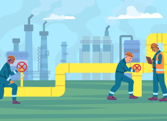 Cartoon Color Characters People Gas Workers Petroleum Pipeline Engineers Concept Flat Design Style. Vector illustration of Regulate Valves